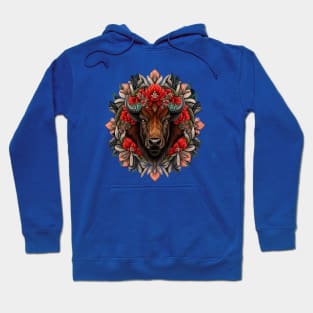 American bison Surrounded By A Wreath Of Indian Paintbrush Tattoo Style Art Hoodie